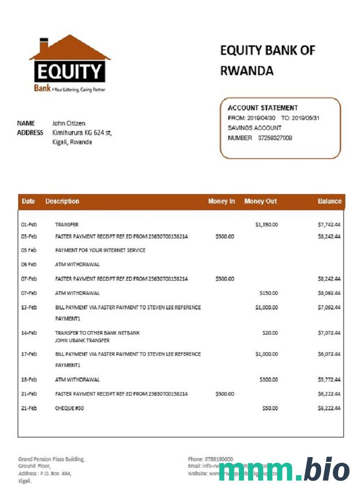 Szablon wyciągu bankowego Rwanda Bank of Kigali w programie Word i PDF